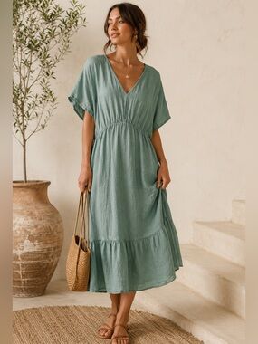 Sage Green Linen Blend Coastal Midi Dress Boho Resort